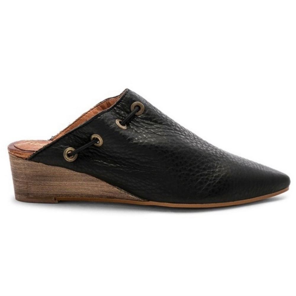 Free‎ People Versailles Black Soft Leather Wedge Heel Mule Western Rustic